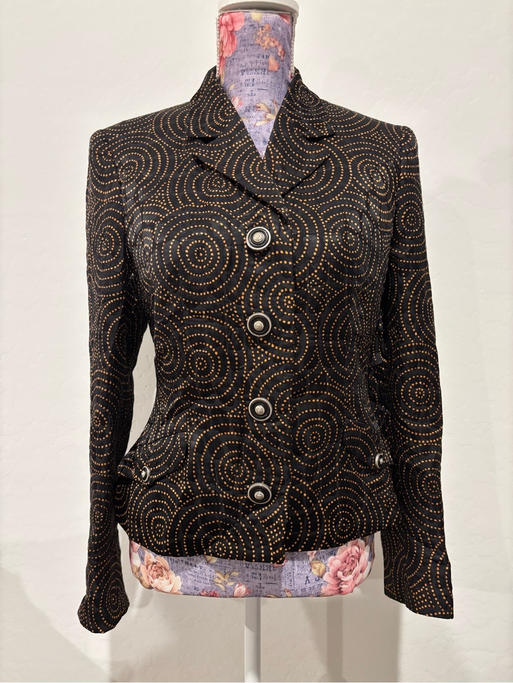Versus Versace Women’s Black Silk Blazer with Gold Dot Spiral Pattern